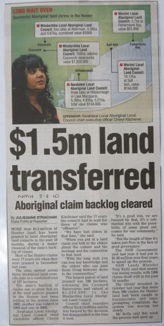 Successful Aboriginal land claims, Hunter Valley. Newcastle Herald 2010. 
